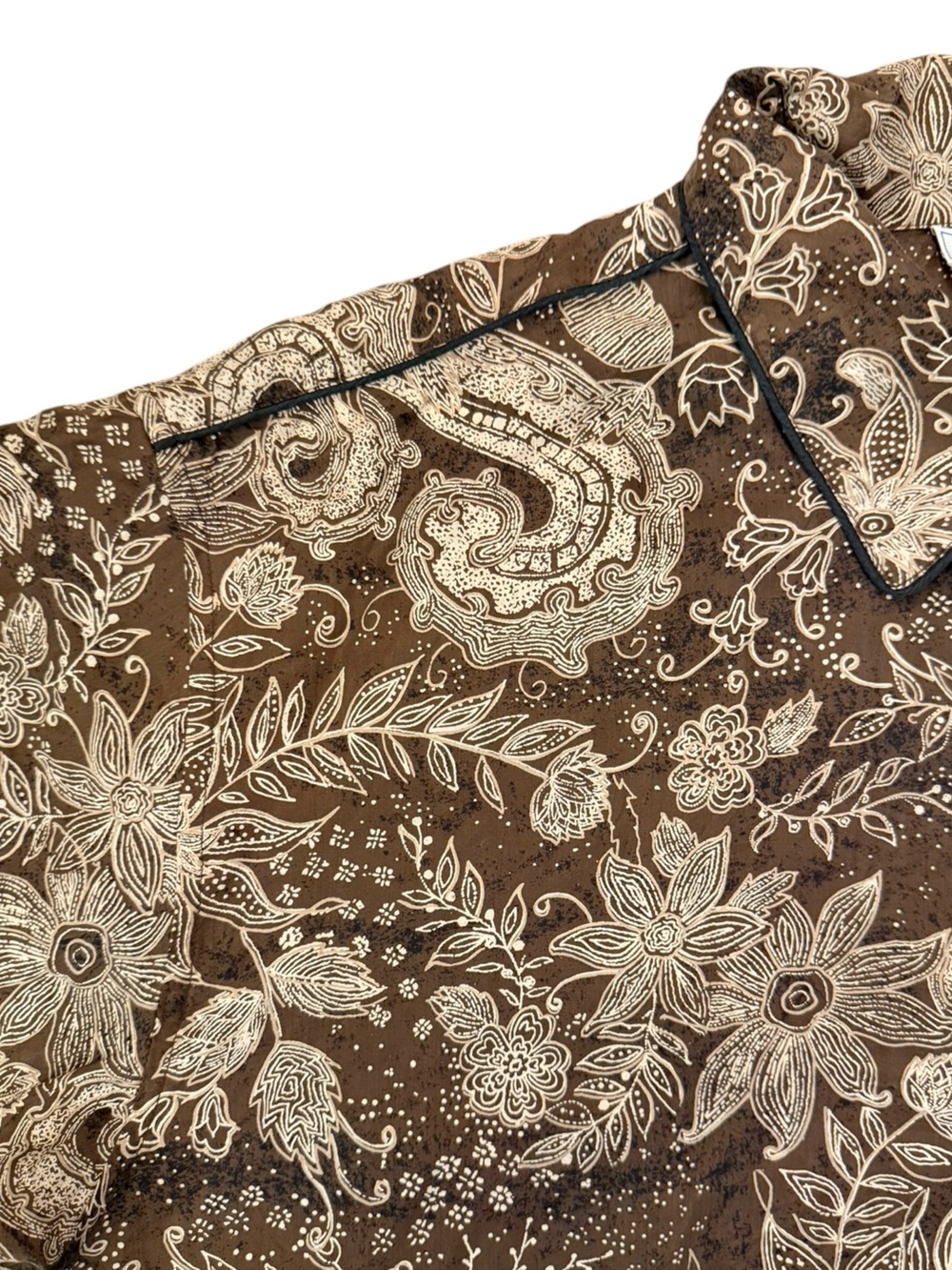 Vintage Anna & Frank Silk Paisley Floral Blouse XL Brown Tan Contrast Piping - Picture 10 of 15